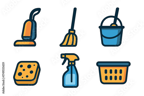 Essential household cleaning supplies collection with vacuum cleaner broom bucket and spray bottle
