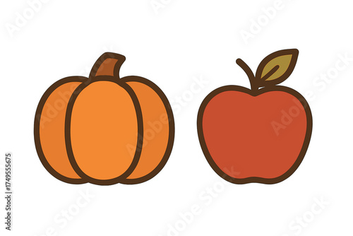 Simple icons of an orange pumpkin and a red apple for fall season harvest