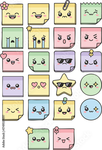 Collection of cute kawaii sticky notes with various emotional faces. A set of colorful cartoon post-it note illustrations for memos and reminders