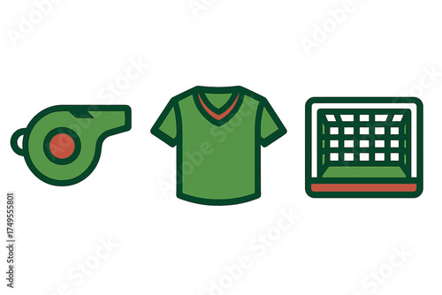 Set of soccer equipment icons including referee whistle, green uniform shirt, and goal net