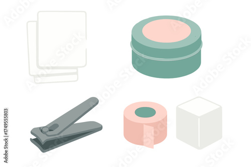 Essential items for basic first aid and personal hygiene supplies including nail clippers