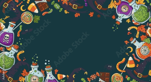 Festive Halloween frame with cartoon potions, sweet candies, and autumn leaves on a dark background.