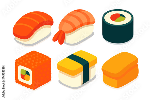 Delicious assortment of traditional Japanese sushi nigiri and maki rolls in isometric style
