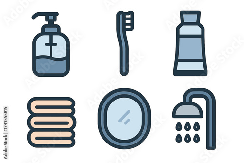 Essential bathroom and personal hygiene items collection including soap, toothbrush, and shower head