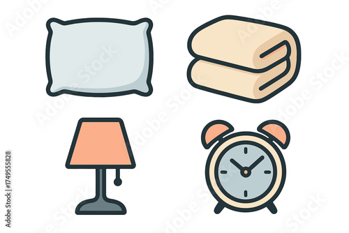 Set of essential bedroom items including pillow blanket lamp and classic alarm clock