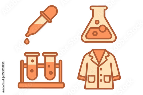Collection of scientific laboratory tools including dropper flask test tubes and lab coat