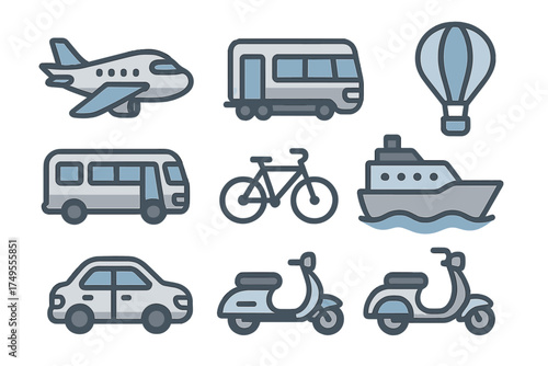 Essential modes of transport icons set including airplane, car, ship, bicycle, and bus