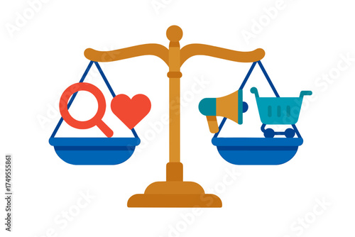 Balance scale weighing customer loyalty against market promotion and commerce strategy