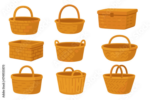 Collection of various traditional woven baskets with handles and different patterns for storage or picnic use