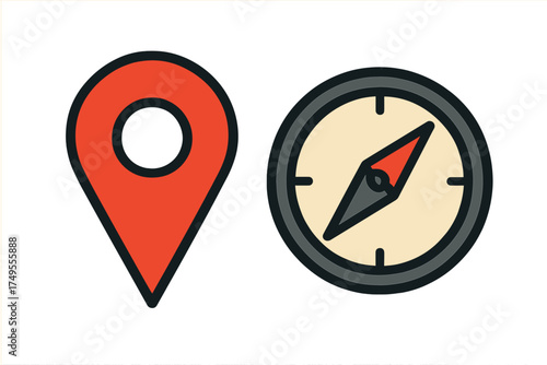 Red location pin marker and classic compass symbolizing travel and navigation direction