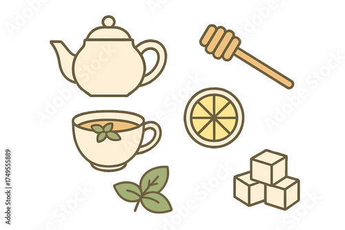 Teapot teacup honey dipper lemon and sugar cubes for hot tea preparation