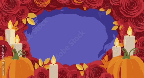 A festive frame of red paper roses, pumpkins, and lit candles with a central copy space.