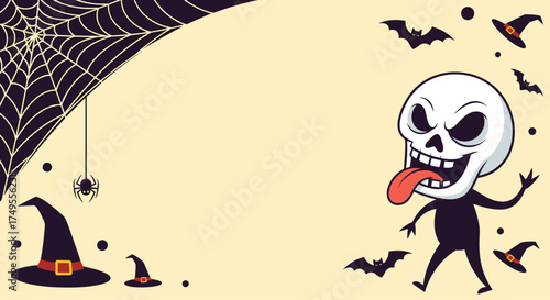Spooky skeleton dancing with bats and witch hats.