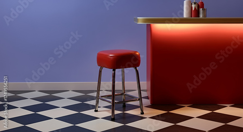 Retro bar stool next to vibrant red counter, checkerboard floor, playful diner style, copy space
