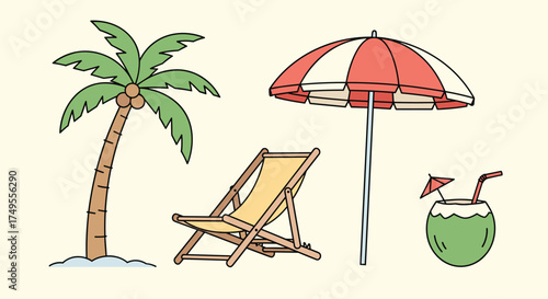 Tropical vacation essentials including a palm tree deck chair and umbrella.