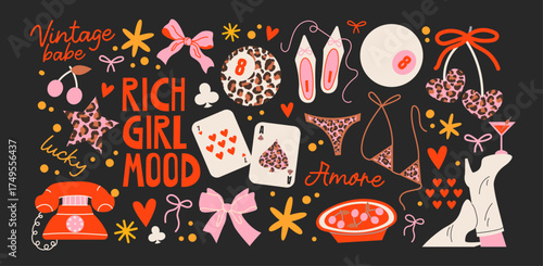 Rich lucky girls cartoon cute stickers. Set of girly patches of girl power badges in retro doodle groovy vintage 90s style. Drama queen patches
