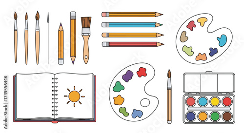 Collection of art supplies and drawing tools.