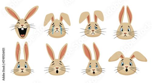 A collection of adorable bunny faces expressing a wide range of emotions and feelings.