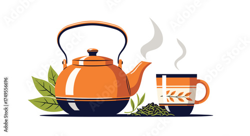 A hot cup of herbal tea with a teapot and leaves.