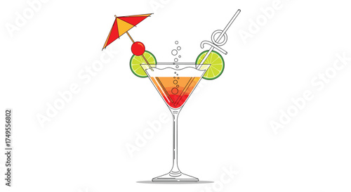 A refreshing cocktail with fruit garnish and an umbrella.