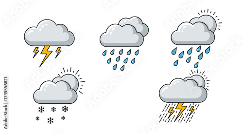 Various weather icons depicting clouds with lightning rain snow and sun.