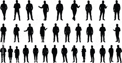 Business people silhouette set, men and women standing and talking vector illustration, professional teamwork concept, black and white office design, corporate pose art