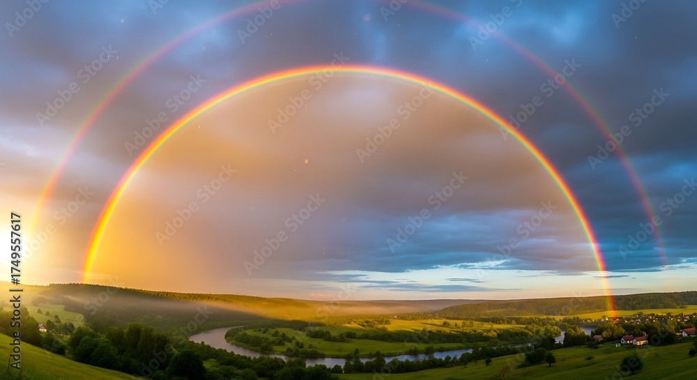 Obraz premium Vibrant Rainbow Over Lush Green Landscape at Sunset.