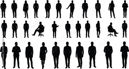 Business people silhouette collection, men and women standing and sitting vector illustration, professional office team concept, black and white corporate design