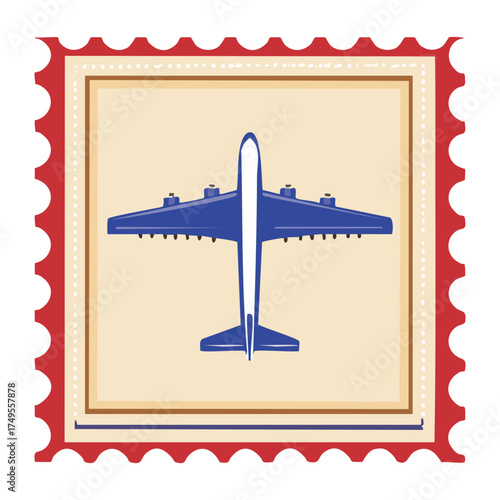 Illustration of a vintage propeller airplane in a square red bordered design element on a collectible postage stamp