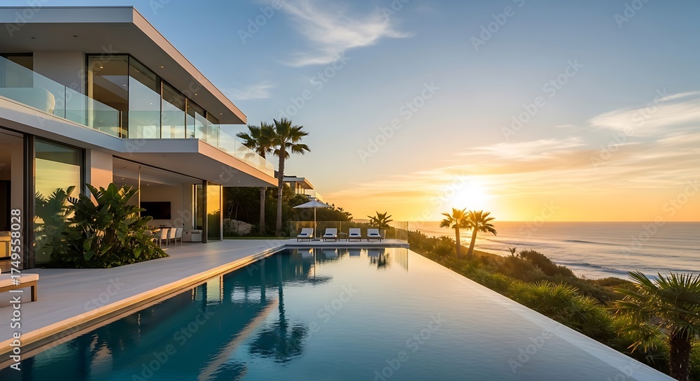 Obraz premium Luxury oceanfront villa with infinity pool overlooking the Pacific sunset