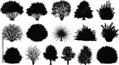 Collection of various tree and bush silhouettes, isolated black plant shapes for landscape, forest, garden design, and natural illustration use