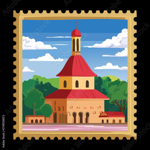 Illustration of a beautiful old European church building on a hill with blue sky as a collectible postage stamp