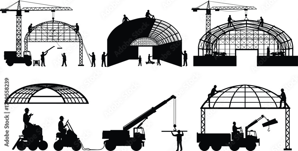 Obraz premium Construction workers building dome steel structures with cranes and heavy equipment, industrial architecture assembly, teamwork and engineering at modern construction site