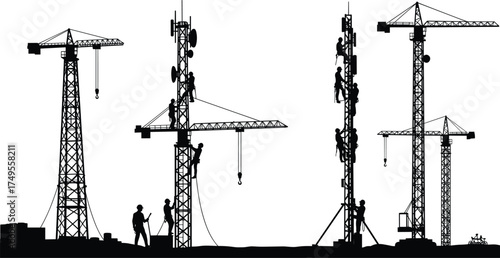 Construction workers assembling tall communication towers with cranes, industrial engineering and telecommunication infrastructure installation at high-rise construction site for network development