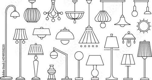 Assortment of decorative lighting fixtures and lamps chandeliers floor lamps