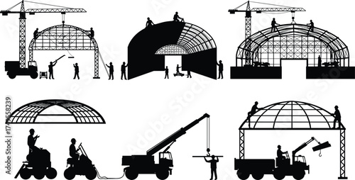 Construction workers building dome steel structures with cranes and heavy equipment, industrial architecture assembly, teamwork and engineering at modern construction site