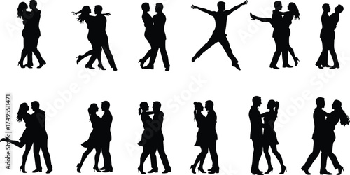 Couple dancing silhouette collection, romantic man and woman embrace vector illustration, love and relationship concept, black and white dance pose design art