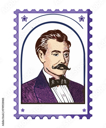 Illustration of a distinguished gentleman with a mustache and bow tie in an elegant, stylized portrait stamp design