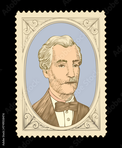 Illustration of a vintage portrait stamp of a dignified elderly gentleman with a mustache in a classic monochrome style
