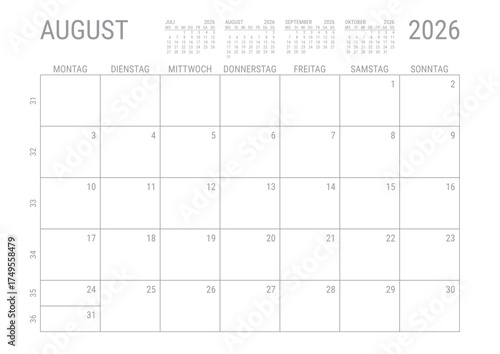 August 2026 Monat Kalender Monatskalender Kalenderblatt Kalendarium mit Kalenderwoche Planer DIN A4 Deutsch	