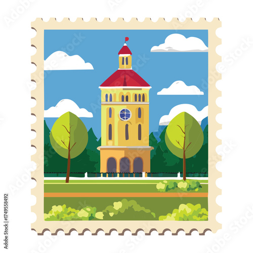 Illustration of a charming, brightly colored European-style building with a tower, surrounded by green trees and blue sky