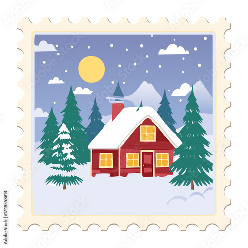 Illustration of a peaceful cozy house next to pine trees during a quiet winter night with a large full moon visible in the sky