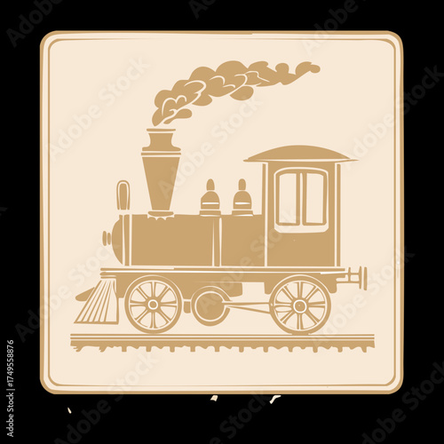 Illustration of a vintage steam train locomotive on a sepia-toned perforated postage stamp, symbolizing classic transportation and travel