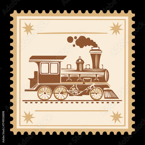 Illustration of a dark vintage square stamp design showcasing a detailed old steam engine train and puffing smoke