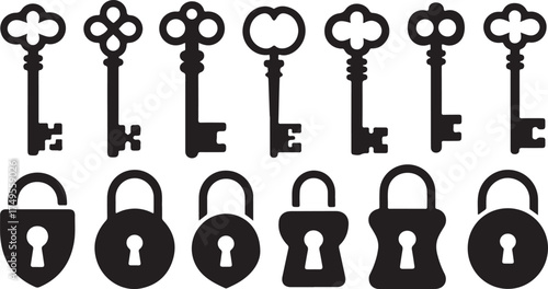 Ornate antique keys and vintage padlocks in black silhouette ornate keys lock and key