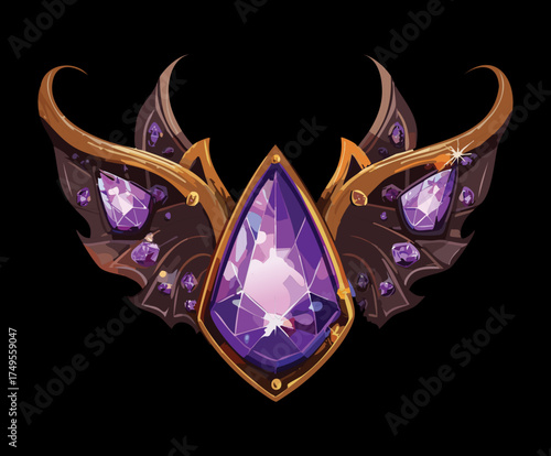 A dark fantasy crown or tiara with a large faceted purple amethyst for a powerful sorceress or evil queen