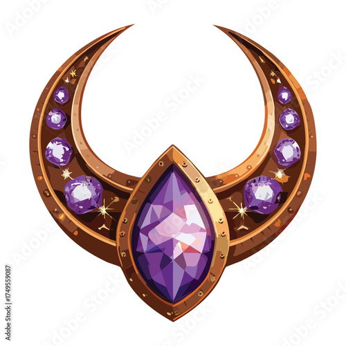 Illustration of a beautiful ornate crescent moon charm pendant adorned with sparkling purple amethyst gemstones