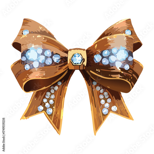 Illustration of an elegant golden ribbon bow adorned with sparkling blue diamond gemstones in an ornate design