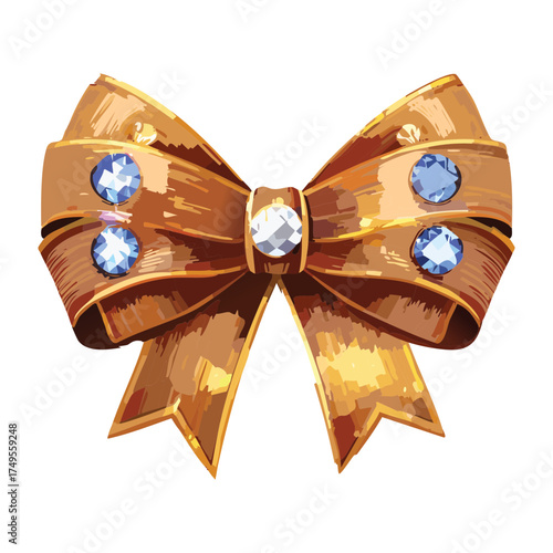 Illustration of a luxurious gold ribbon bow decorated with light blue sapphire gemstones and glittering accents