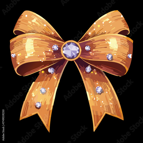 Illustration of a glittering gold ribbon bow embellished with a large central amber gem and tiny diamonds